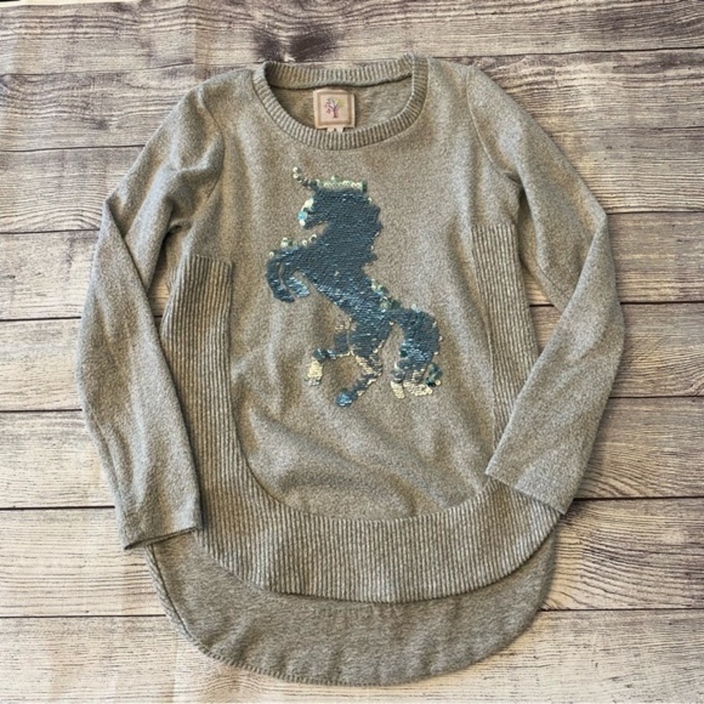Gray Sequin Unicorn Sweater Blue Silver Size Small 7/8